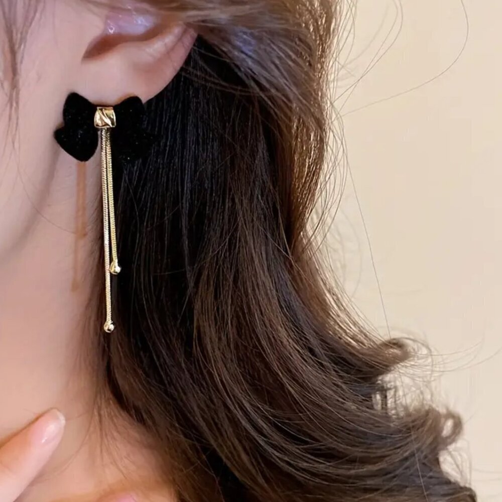 NEW Black velvet bow dangle earrings, black/gold coquette earrings, bow jewelry